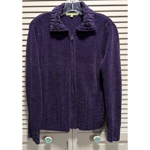 Carolyn Taylor Chenille Purple Zip Up Long Sleeve Sweater Size PL Collar Soft
